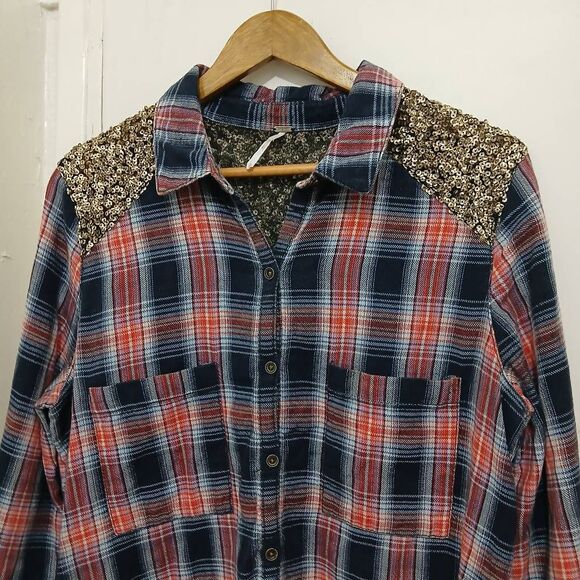 Free People womens medium long fit sequin mixed fabric plaid shirt blue pale red - Picture 3 of 6